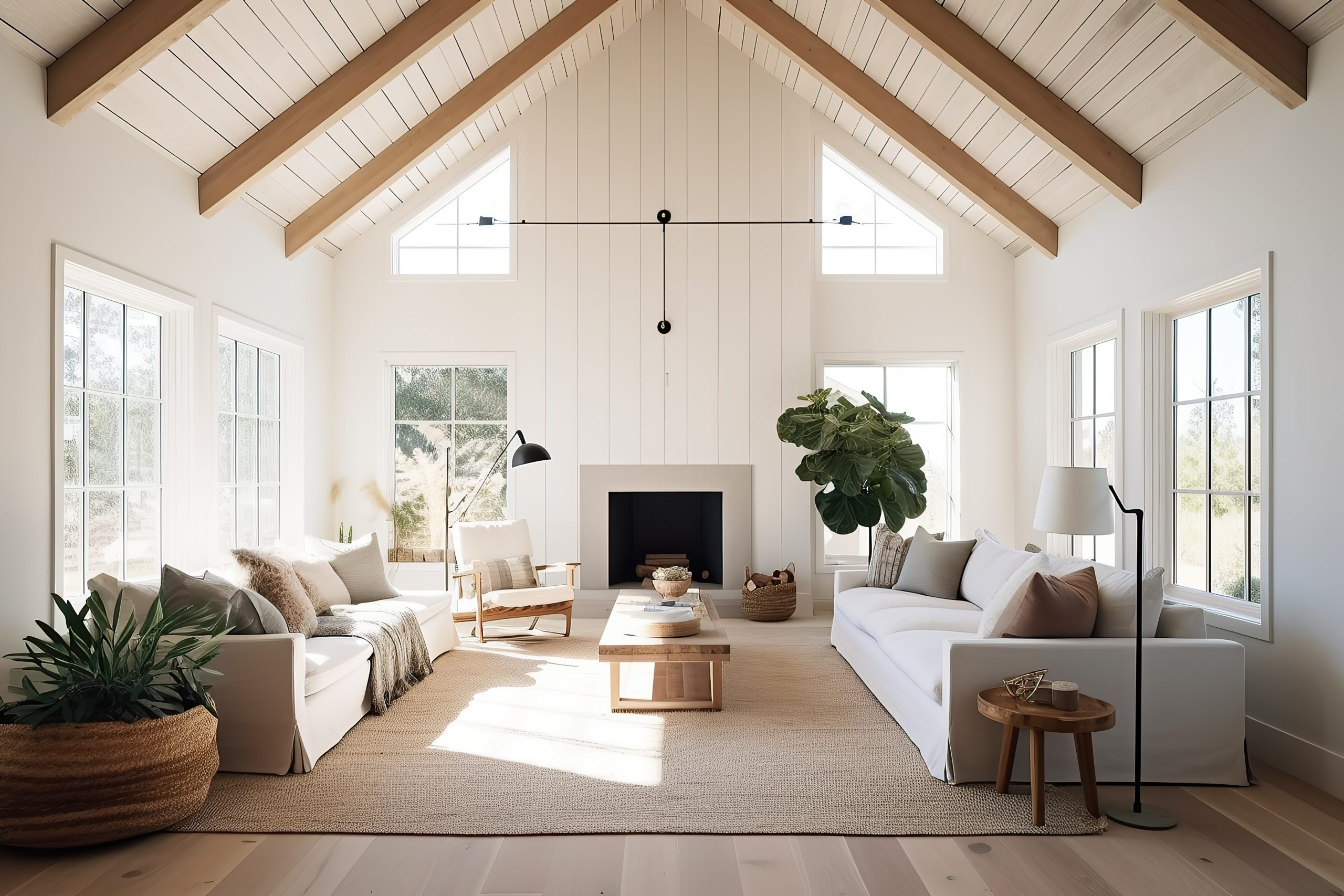 White Modern Farmhouse Living Room with Vaulted Ceilings Design Ideas